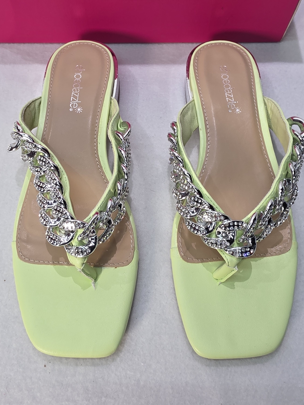 Shoe Dazzle Neon Lime Jeweled Chain Thong Mules - Women's - Picture 2 of 7